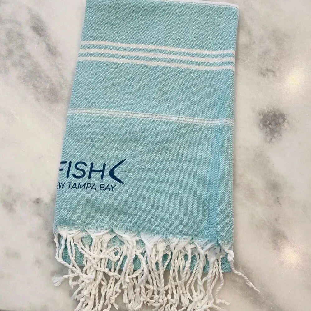 NWOT Crew Tampa Bay Go Fish Striped Fringe Turkish Beach Towel Blue 37